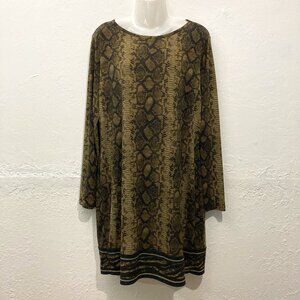 Michael Kors Long Sleeve Stretch Shift Dress Brown Green Snake Print Size XL